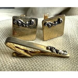 Vintage Gold Tone Cufflinks & Tie Clip Set | Scroll Design | Mid Century